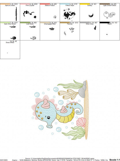 Seahorse embroidery design - Sea Animal machine pattern - Ocean animal algae seaweed shell bubbles - Instant download pes jef dst vp3 hus
