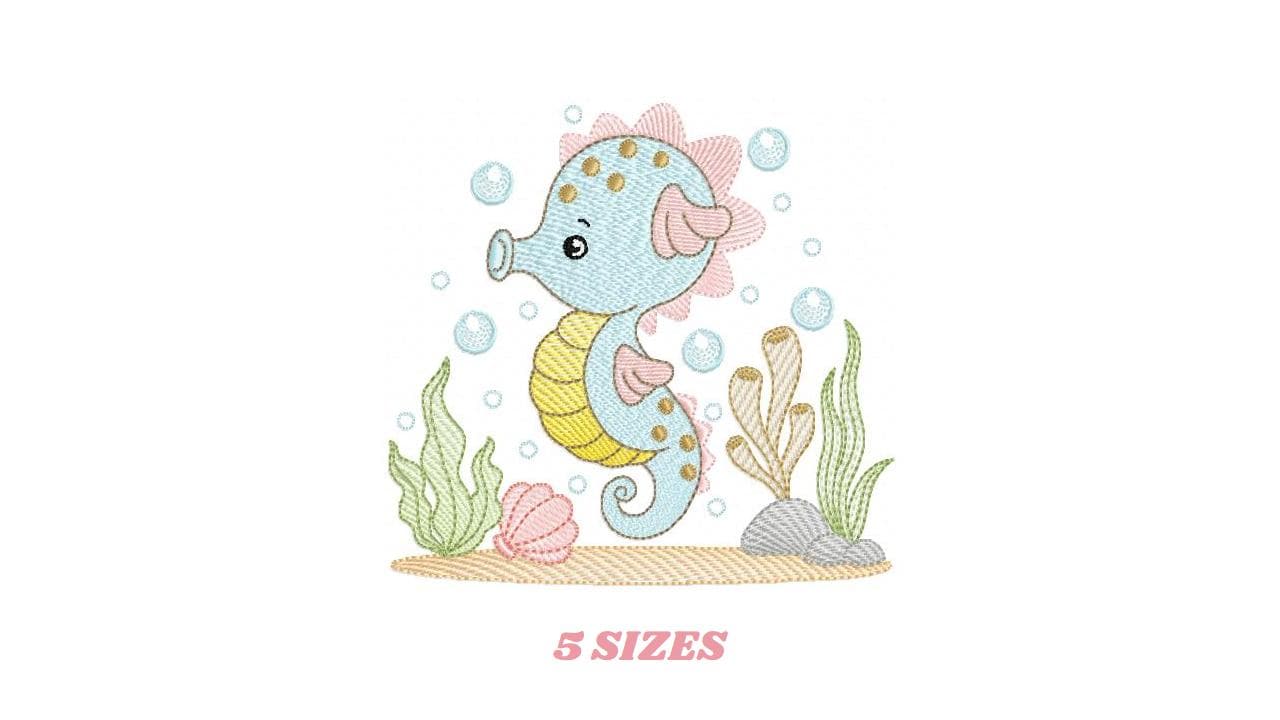 Seahorse embroidery design - Sea Animal machine pattern - Ocean animal algae seaweed shell bubbles - Instant download pes jef dst vp3 hus