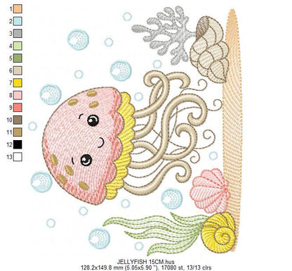 Jellyfish embroidery design - Octopus machine pattern - Ocean Sea animal with shells algae and bubbles file - Instant digital download pes