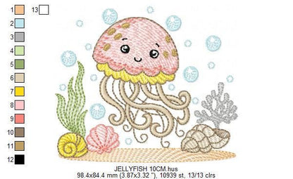 Jellyfish embroidery design - Octopus machine pattern - Ocean Sea animal with shells algae and bubbles file - Instant digital download pes