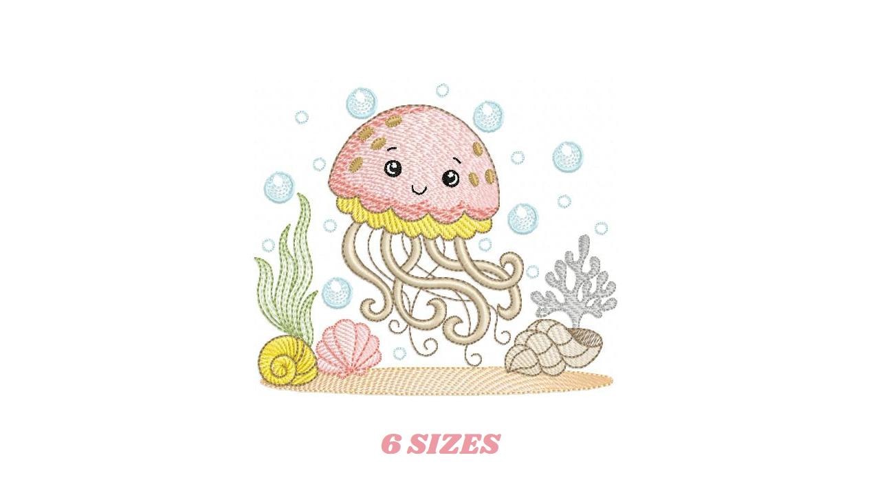Jellyfish embroidery design - Octopus machine pattern - Ocean Sea animal with shells algae and bubbles file - Instant digital download pes