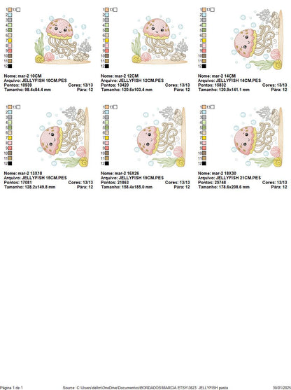 Jellyfish embroidery design - Octopus machine pattern - Ocean Sea animal with shells algae and bubbles file - Instant digital download pes
