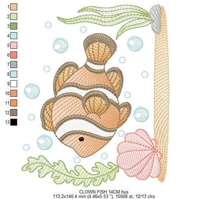 Clown Fish embroidery designs - Ocean animals machine pattern - Orange Fish with shells bubbles and algae - Instant download pes jef dst hus