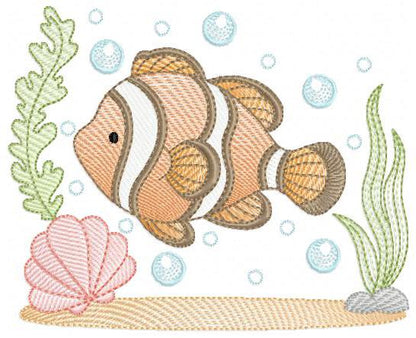 Clown Fish embroidery designs - Ocean animals machine pattern - Orange Fish with shells bubbles and algae - Instant download pes jef dst hus