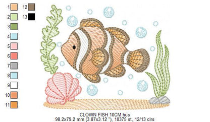 Clown Fish embroidery designs - Ocean animals machine pattern - Orange Fish with shells bubbles and algae - Instant download pes jef dst hus