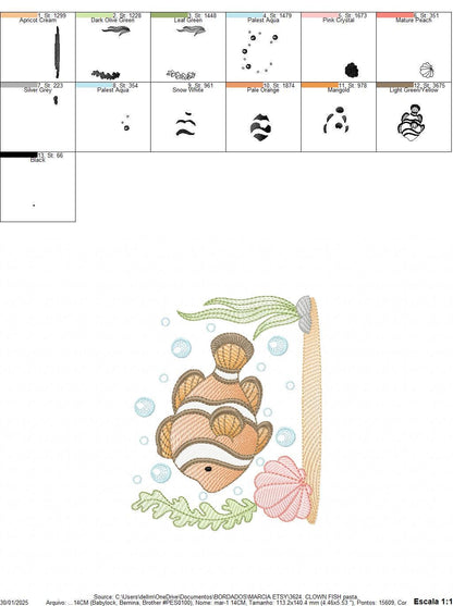 Clown Fish embroidery designs - Ocean animals machine pattern - Orange Fish with shells bubbles and algae - Instant download pes jef dst hus