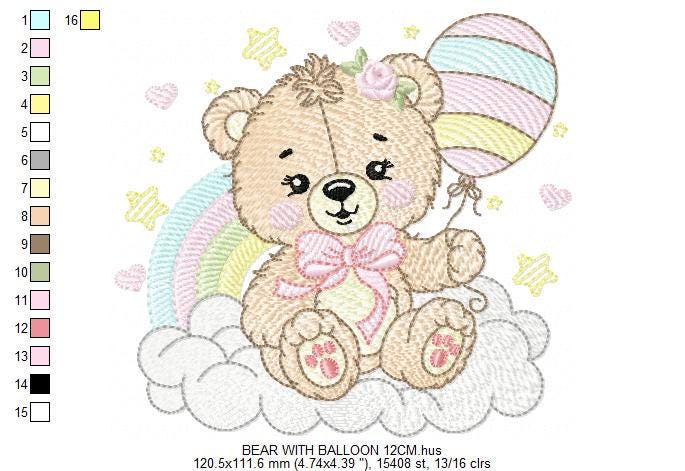 Bear with balloons embroidery designs - Teddy bear with rainbow cloud machine embroidery pattern - Baby Birthday Party - Instant download