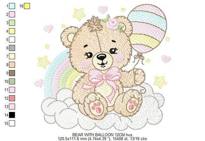 Bear with balloons embroidery designs - Teddy bear with rainbow cloud machine embroidery pattern - Baby Birthday Party - Instant download