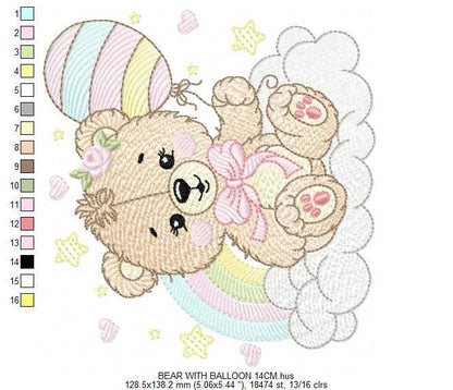 Bear with balloons embroidery designs - Teddy bear with rainbow cloud machine embroidery pattern - Baby Birthday Party - Instant download