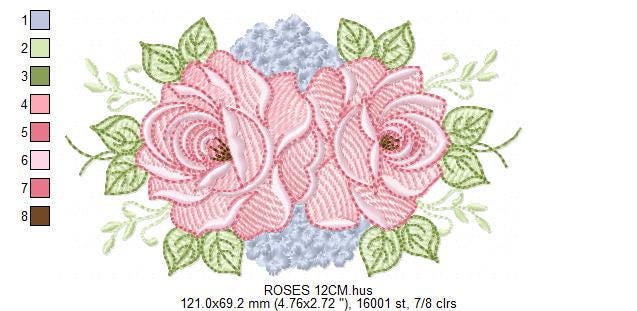 Roses embroidery designs - Kitchen Tea Towel machine embroidery pattern - Red and Blue Flower file - Instant download pes jef dst hus vp3