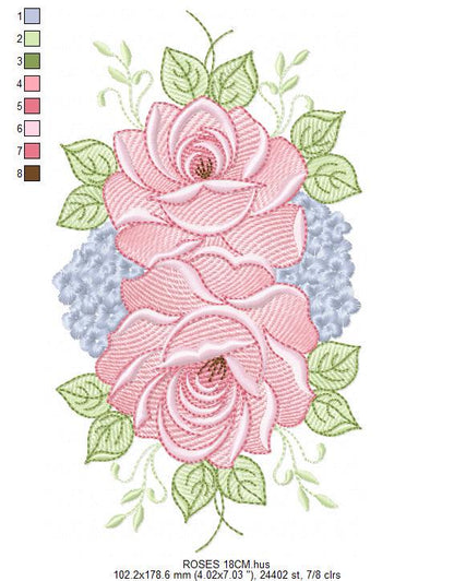 Roses embroidery designs - Kitchen Tea Towel machine embroidery pattern - Red and Blue Flower file - Instant download pes jef dst hus vp3