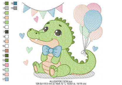 Crocodile with balloons embroidery design - Alligator party balloons machine embroidery pattern - Animal with bow tie - Instant download jef