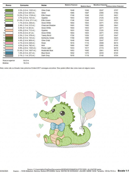 Crocodile with balloons embroidery design - Alligator party balloons machine embroidery pattern - Animal with bow tie - Instant download jef