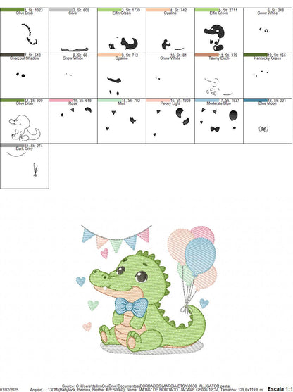 Crocodile with balloons embroidery design - Alligator party balloons machine embroidery pattern - Animal with bow tie - Instant download jef