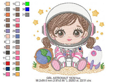 Baby Girl Astronaut embroidery designs - Space Rocket machine embroidery pattern - Rocket Planets file - instant download pes jef dst hus