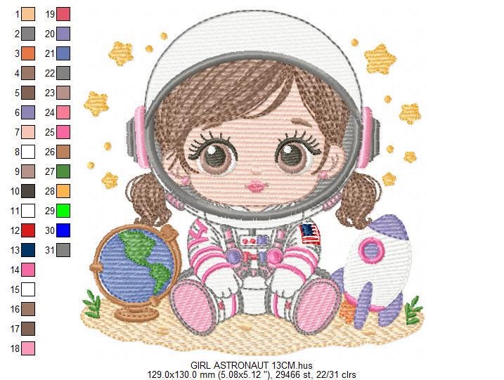 Baby Girl Astronaut embroidery designs - Space Rocket machine embroidery pattern - Rocket Planets file - instant download pes jef dst hus