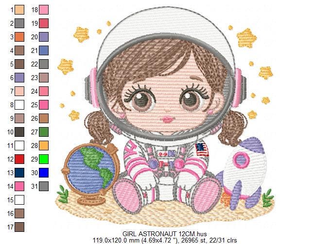 Baby Girl Astronaut embroidery designs - Space Rocket machine embroidery pattern - Rocket Planets file - instant download pes jef dst hus