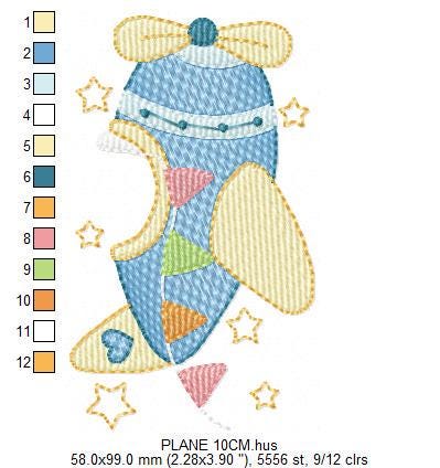 Plane with stars embroidery designs - Colorful Airplane machine embroidery pattern - Vehicle baby boy file - Instant digital download pes