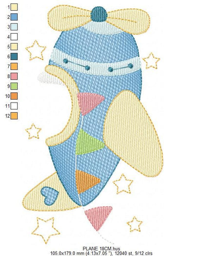 Plane with stars embroidery designs - Colorful Airplane machine embroidery pattern - Vehicle baby boy file - Instant digital download pes
