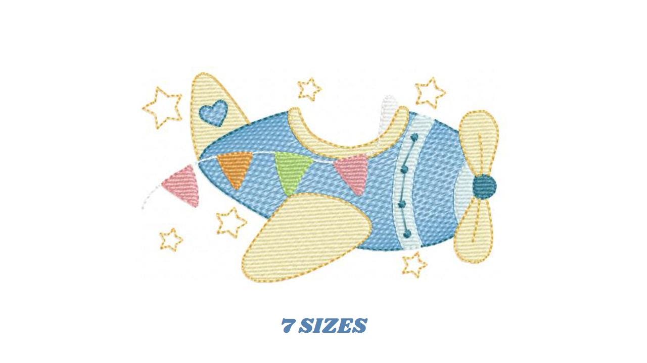 Plane with stars embroidery designs - Colorful Airplane machine embroidery pattern - Vehicle baby boy file - Instant digital download pes