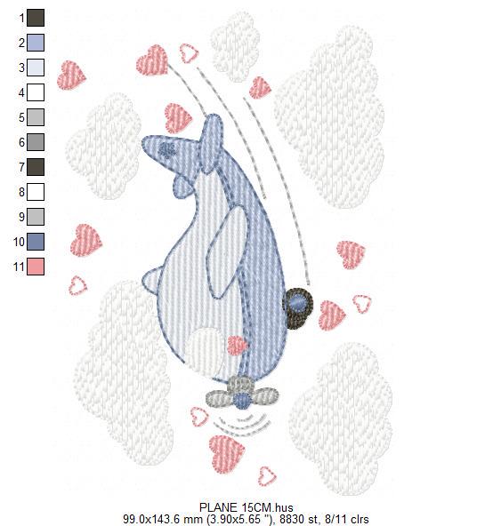 Plane embroidery designs - Airplane with clouds and hearts machine embroidery pattern - Baby boy Vehicle file - Instant download pes jef dst