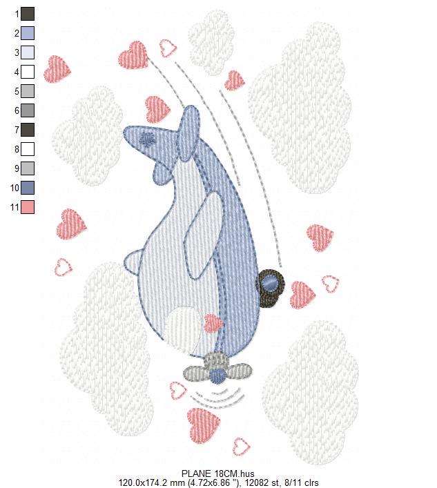 Plane embroidery designs - Airplane with clouds and hearts machine embroidery pattern - Baby boy Vehicle file - Instant download pes jef dst