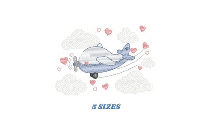 Plane embroidery designs - Airplane with clouds and hearts machine embroidery pattern - Baby boy Vehicle file - Instant download pes jef dst