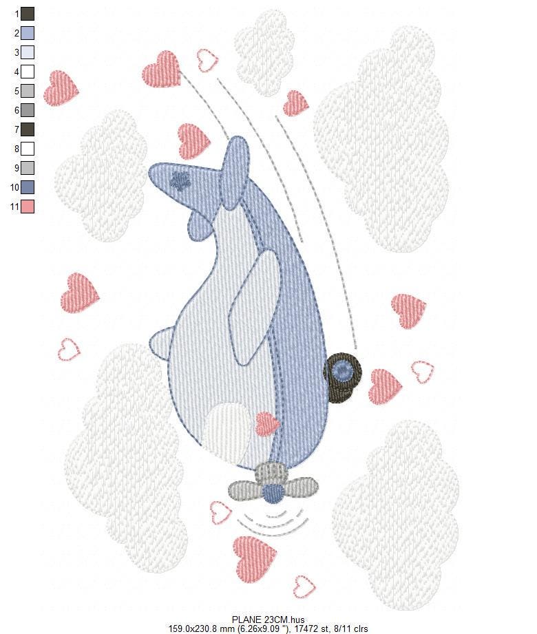 Plane embroidery designs - Airplane with clouds and hearts machine embroidery pattern - Baby boy Vehicle file - Instant download pes jef dst