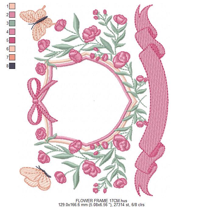 Frame with flowers and butterflies embroidery designs - Floral Laurel Shield machine embroidery pattern - Baby girl file - Instant download