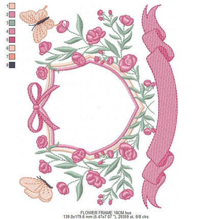 Frame with flowers and butterflies embroidery designs - Floral Laurel Shield machine embroidery pattern - Baby girl file - Instant download