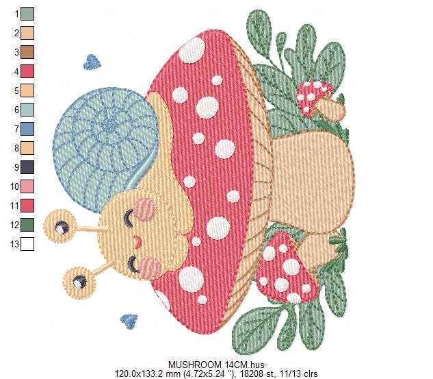 Snail and Mushroom embroidery designs - Toad machine embroidery pattern - Fantasy Magical Garden Forest file - Instant download pes jef dst