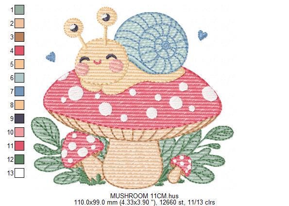 Snail and Mushroom embroidery design - Toad machine embroidery pattern - Fantasy Magical Garden Forest file - Instant download pes jef dst