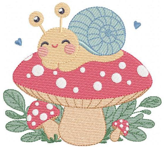Snail and Mushroom embroidery design - Toad machine embroidery pattern - Fantasy Magical Garden Forest file - Instant download pes jef dst