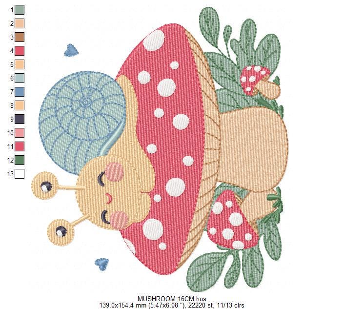 Snail and Mushroom embroidery designs - Toad machine embroidery pattern - Fantasy Magical Garden Forest file - Instant download pes jef dst