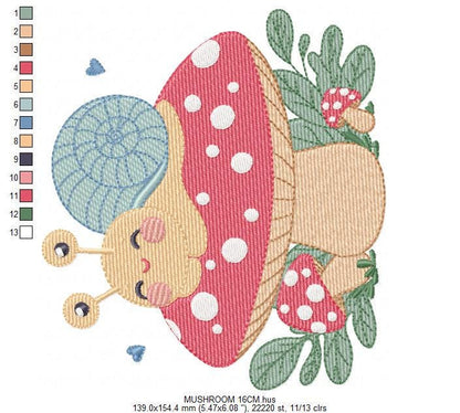 Snail and Mushroom embroidery designs - Toad machine embroidery pattern - Fantasy Magical Garden Forest file - Instant download pes jef dst