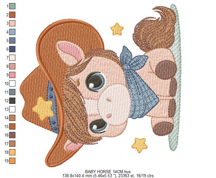 Cowboy Horse embroidery design - Farm animal machine embroidery pattern - Horse with bandana hat and sherriff star file - Instant download
