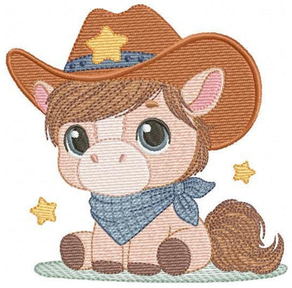 Cowboy Horse embroidery design - Farm animal machine embroidery pattern - Horse with bandana hat and sherriff star file - Instant download
