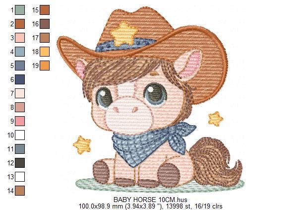 Cowboy Horse embroidery design - Farm animal machine embroidery pattern - Horse with bandana hat and sherriff star file - Instant download