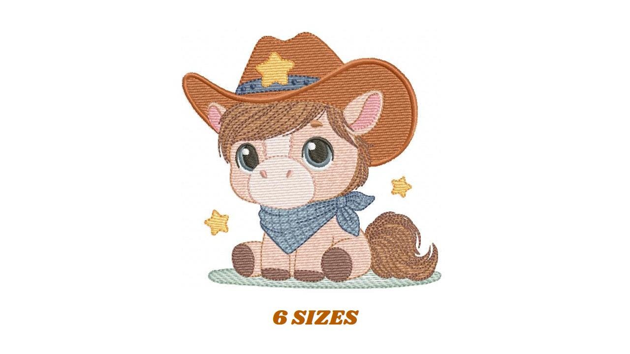 Cowboy Horse embroidery design - Farm animal machine embroidery pattern - Horse with bandana hat and sherriff star file - Instant download