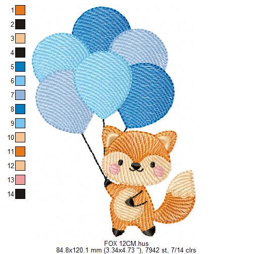 Fox with balloons embroidery designs - Baby boy red fox machine embroidery pattern - Woodland Animal Birthday Party file - Instant download