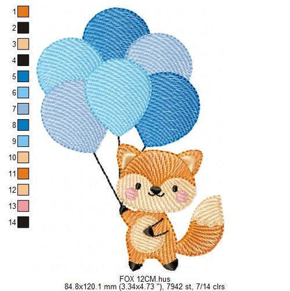 Fox with balloons embroidery designs - Baby boy red fox machine embroidery pattern - Woodland Animal Birthday Party file - Instant download
