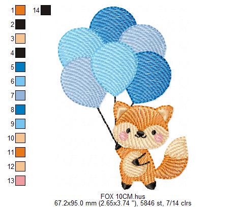 Fox with balloons embroidery designs - Baby boy red fox machine embroidery pattern - Woodland Animal Birthday Party file - Instant download