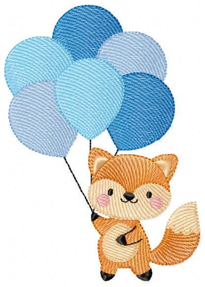Fox with balloons embroidery designs - Baby boy red fox machine embroidery pattern - Woodland Animal Birthday Party file - Instant download