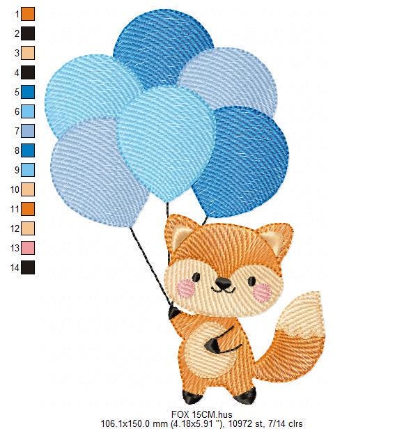 Fox with balloons embroidery designs - Baby boy red fox machine embroidery pattern - Woodland Animal Birthday Party file - Instant download
