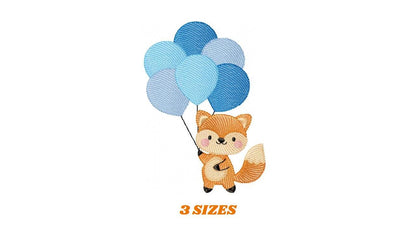 Fox with balloons embroidery designs - Baby boy red fox machine embroidery pattern - Woodland Animal Birthday Party file - Instant download