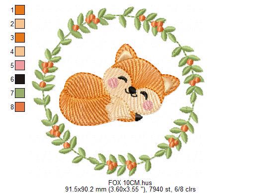 Fox with laurel frame embroidery designs - Sleeping Red Fox machine embroidery pattern - Woodland Animal file - Baby boy - Instant download