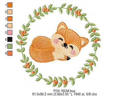 Fox with laurel frame embroidery designs - Sleeping Red Fox machine embroidery pattern - Woodland Animal file - Baby boy - Instant download