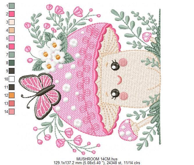 Mushroom with flowers embroidery designs - Toad with butterflies machine embroidery pattern - Kitchen Towel file - Instant download pes jef
