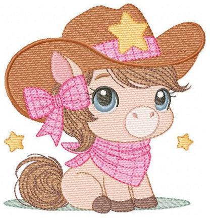 Cowgirl Horse embroidery design - Farm animal machine embroidery pattern - Girl Horse with bandana hat and sherriff file - Instant download
