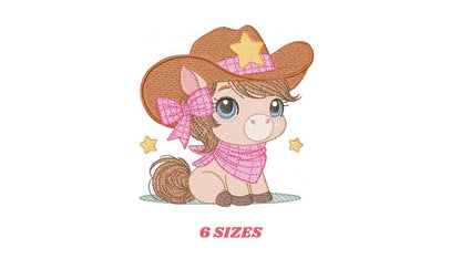Cowgirl Horse embroidery design - Farm animal machine embroidery pattern - Girl Horse with bandana hat and sherriff file - Instant download